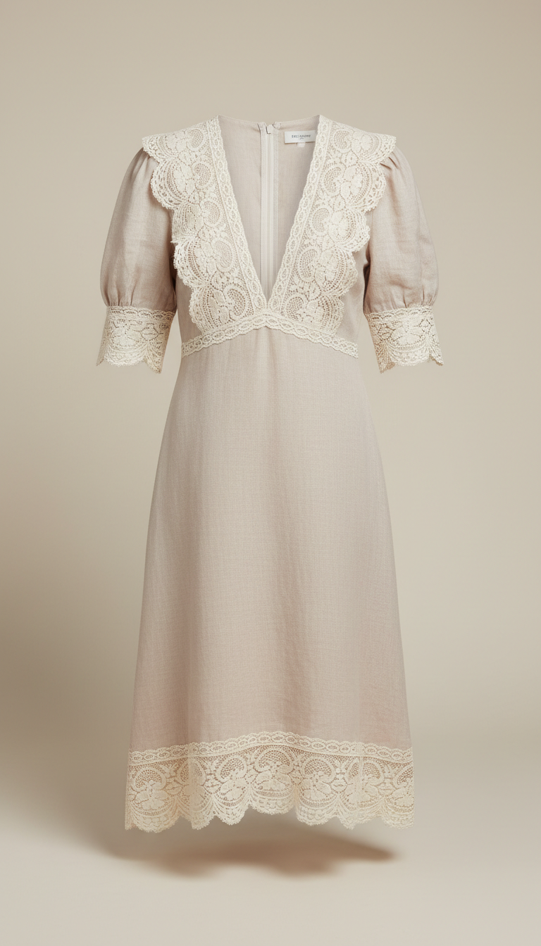Oat Milk Linen Dress with Lace Trim