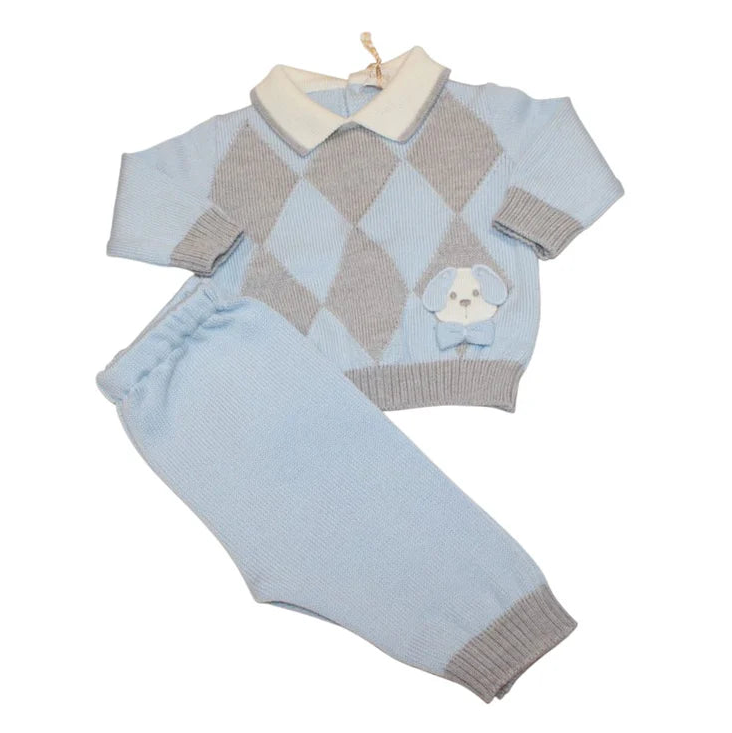 Children's sweater and pants set with argyle pattern on a white background
