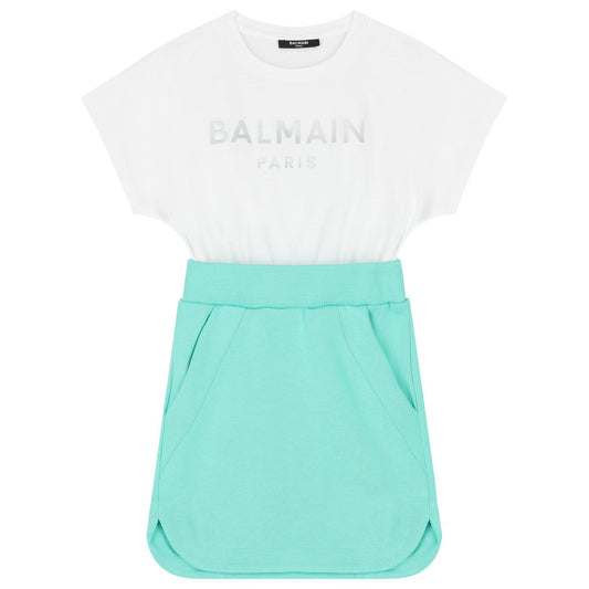 NEW!!  Balmain Girls Green and White Cotton Dress