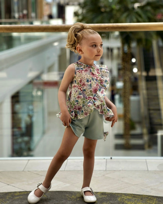 Bimbalo Floral Asymmetrical Peplum top with shorts