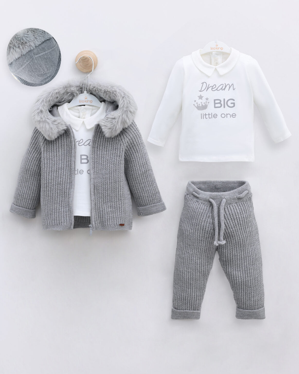 Leo King Baby Boy 3‑Piece Cotton Set - Dark Grey