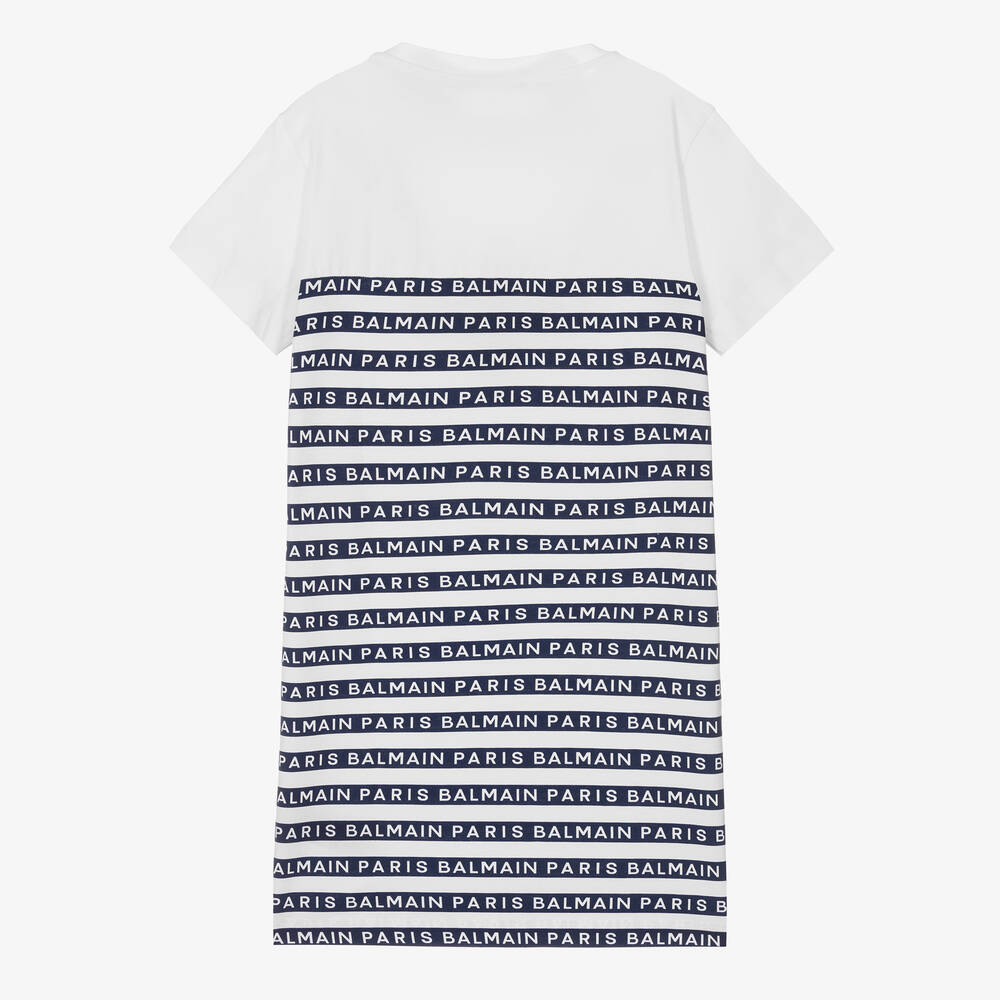 Balmain Teen Girls White & Blue Striped T-Shirt Dress
