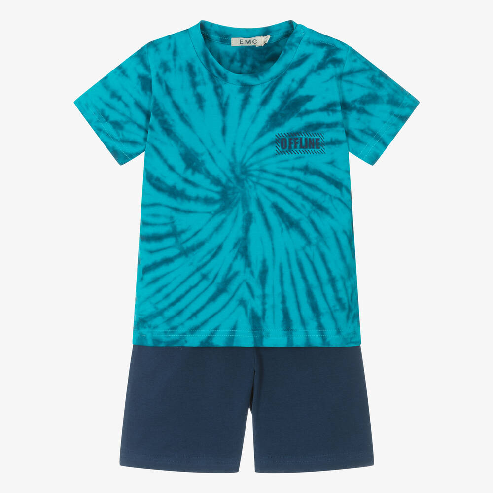 EMC Boys Blue Cotton Tie-Dye Shorts Set