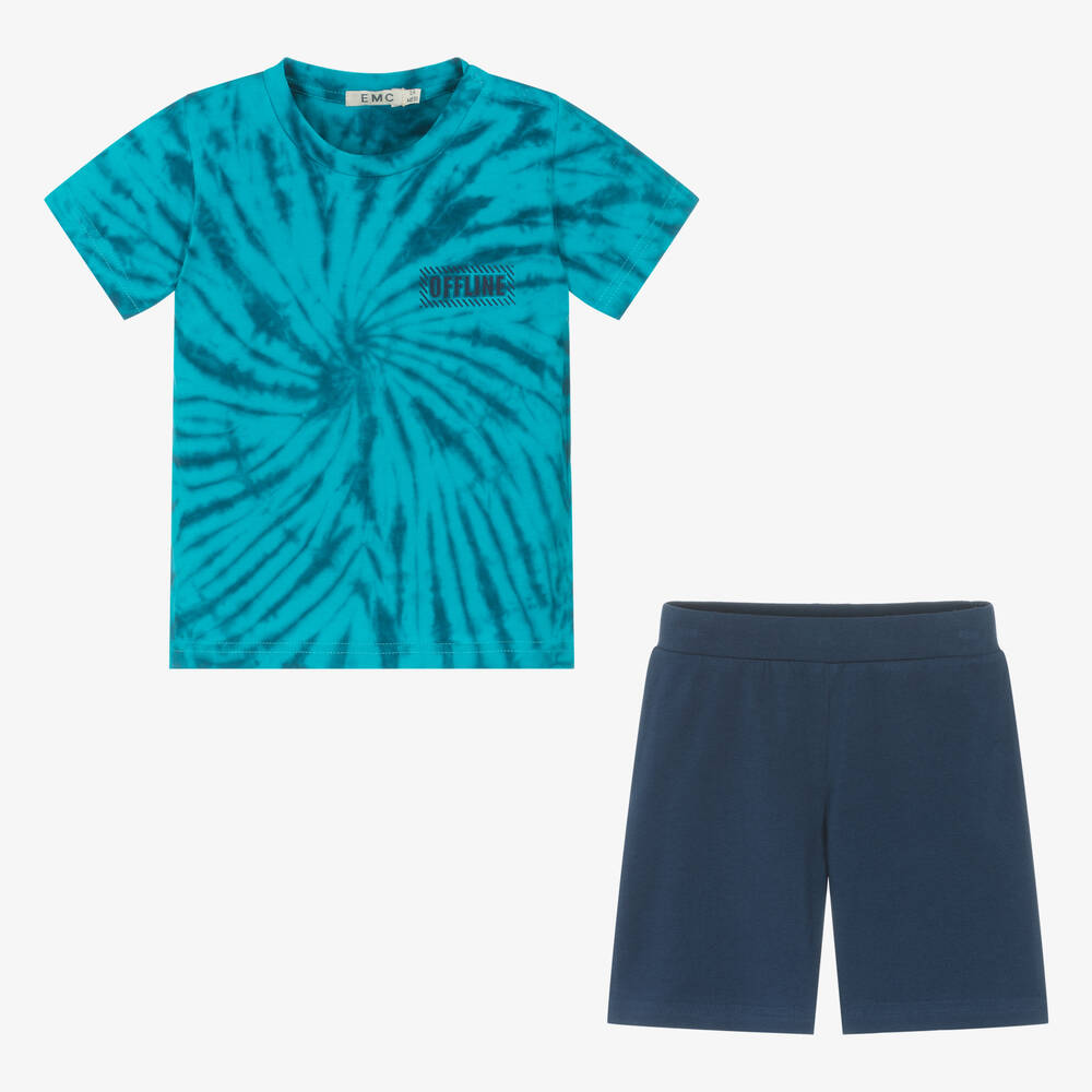 EMC Boys Blue Cotton Tie-Dye Shorts Set