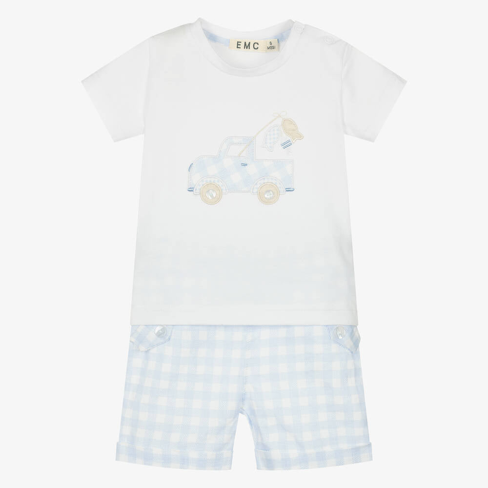 NEW!! EMC Boys Blue Gingham Linen Shorts Set