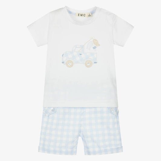 NEW!!  EMC Boys Blue Gingham Linen Shorts Set