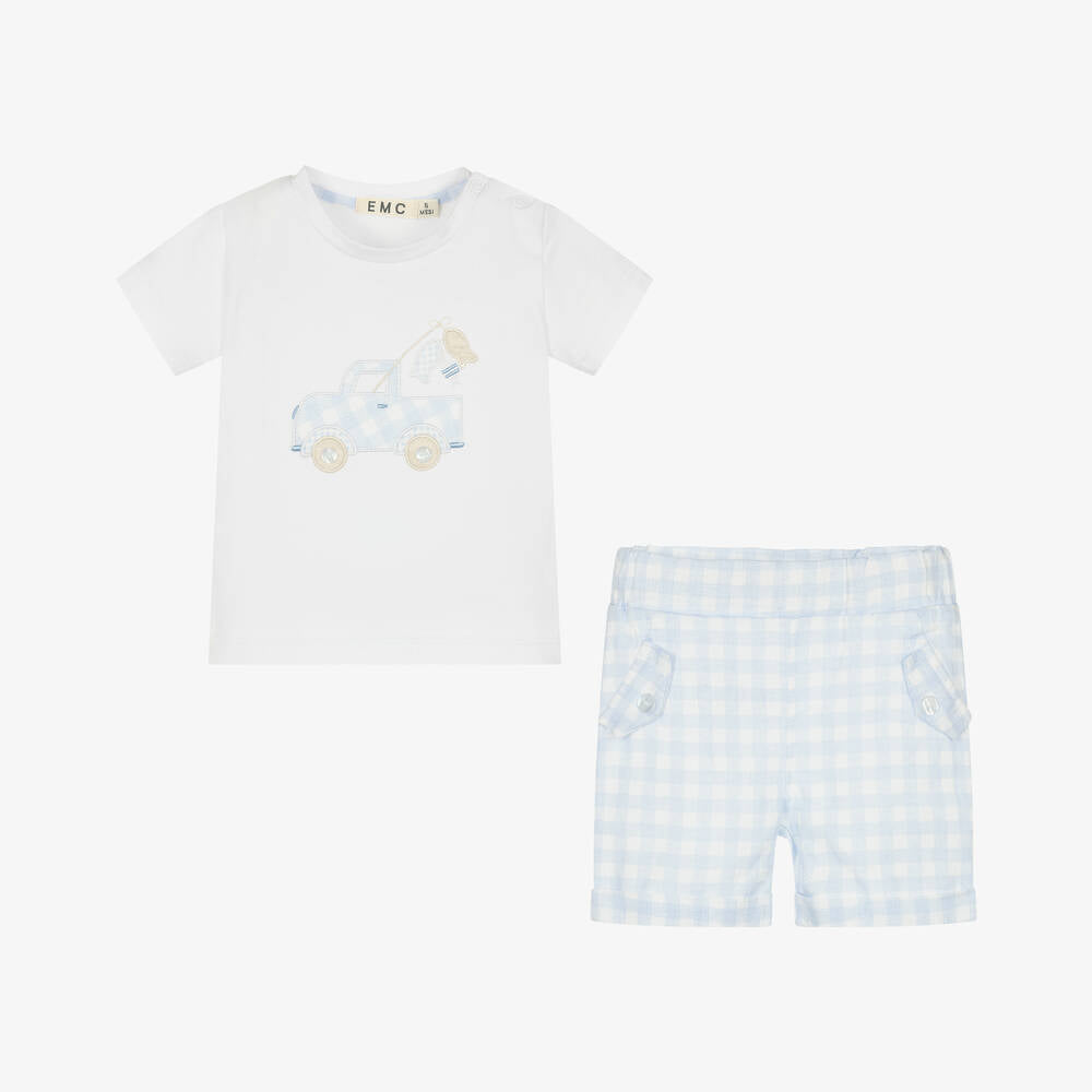 NEW!! EMC Boys Blue Gingham Linen Shorts Set