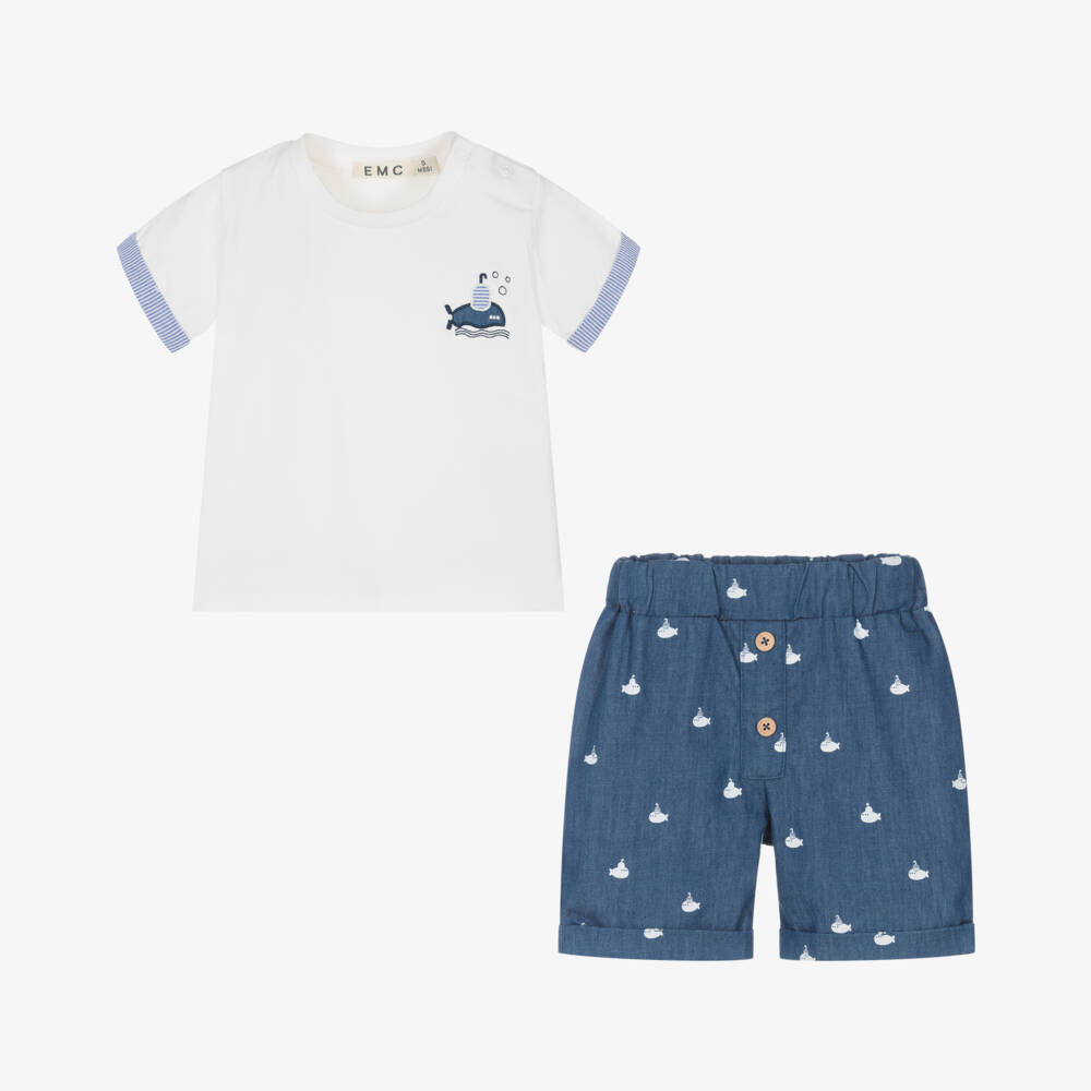 NEW!! EMC Boys Ivory & Blue Cotton Shorts Set