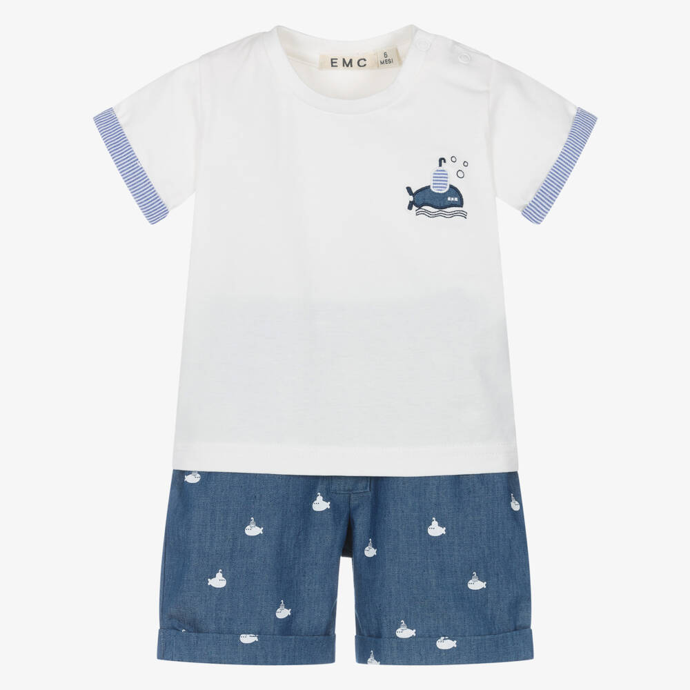 NEW!! EMC Boys Ivory & Blue Cotton Shorts Set