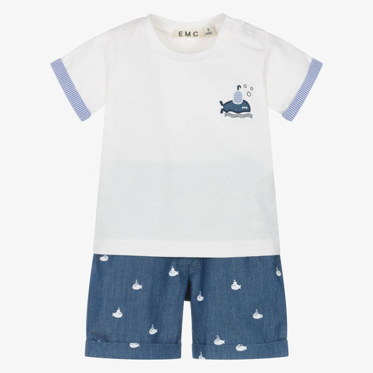 NEW!! EMC Boys Ivory & Blue Cotton Shorts Set