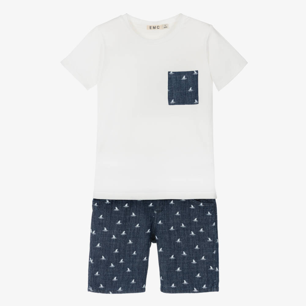 NEW!! EMC Boys White & Navy Blue Denim Shorts Set