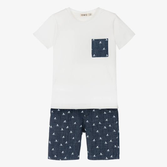 NEW!!  EMC Boys White & Navy Blue Denim Shorts Set