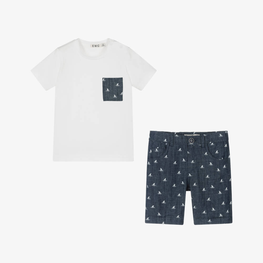 NEW!! EMC Boys White & Navy Blue Denim Shorts Set