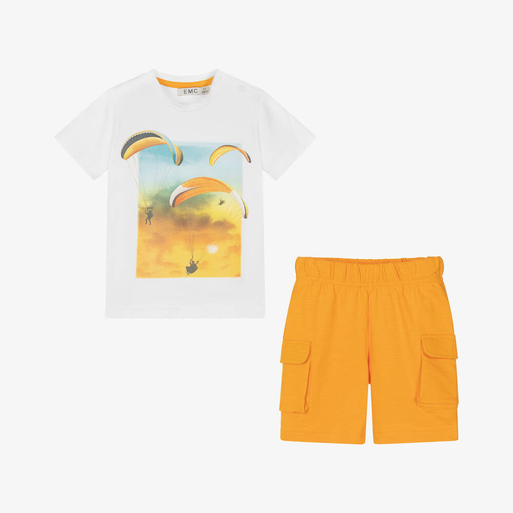 NEW!! EMC Boys White & Orange Cotton Shorts Set