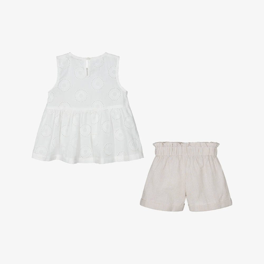 NEW!! Girls White & Beige Cotton Shorts Set