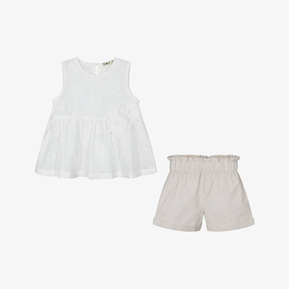 NEW!! Girls White & Beige Cotton Shorts Set