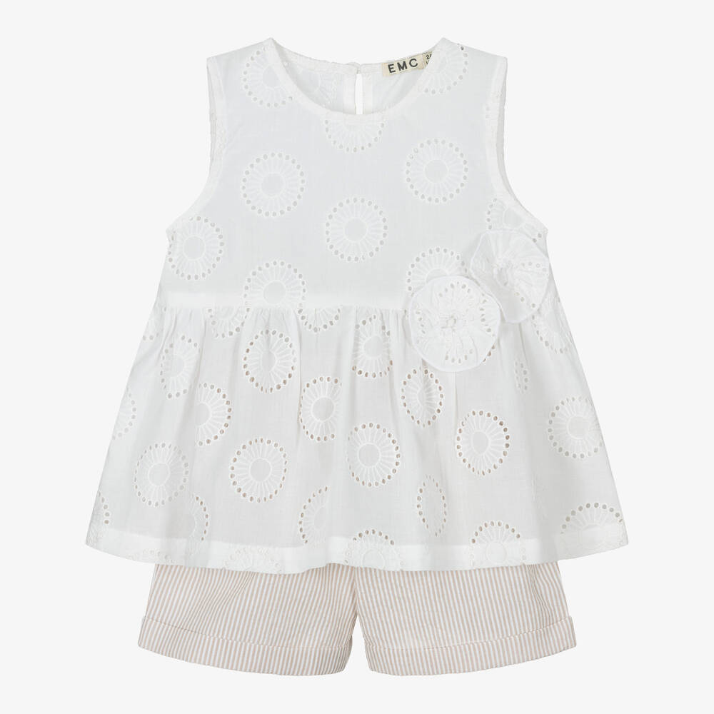 NEW!! Girls White & Beige Cotton Shorts Set