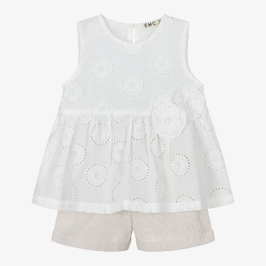 NEW!!  Girls White & Beige Cotton Shorts Set