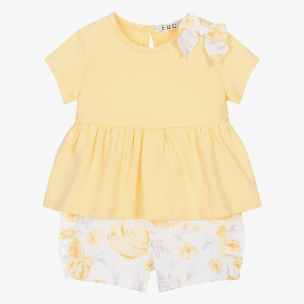 EMC Girls Yellow Cotton Floral Shorts Set
