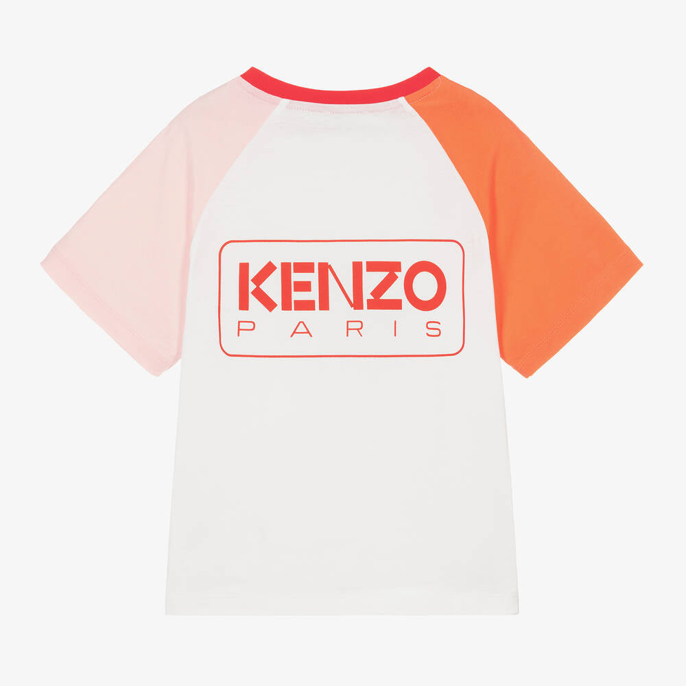 KENZO Girls White Cotton Colourblock T-Shirt