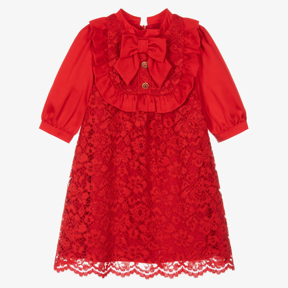 Patachou Girls Red Satin & Lace Dress