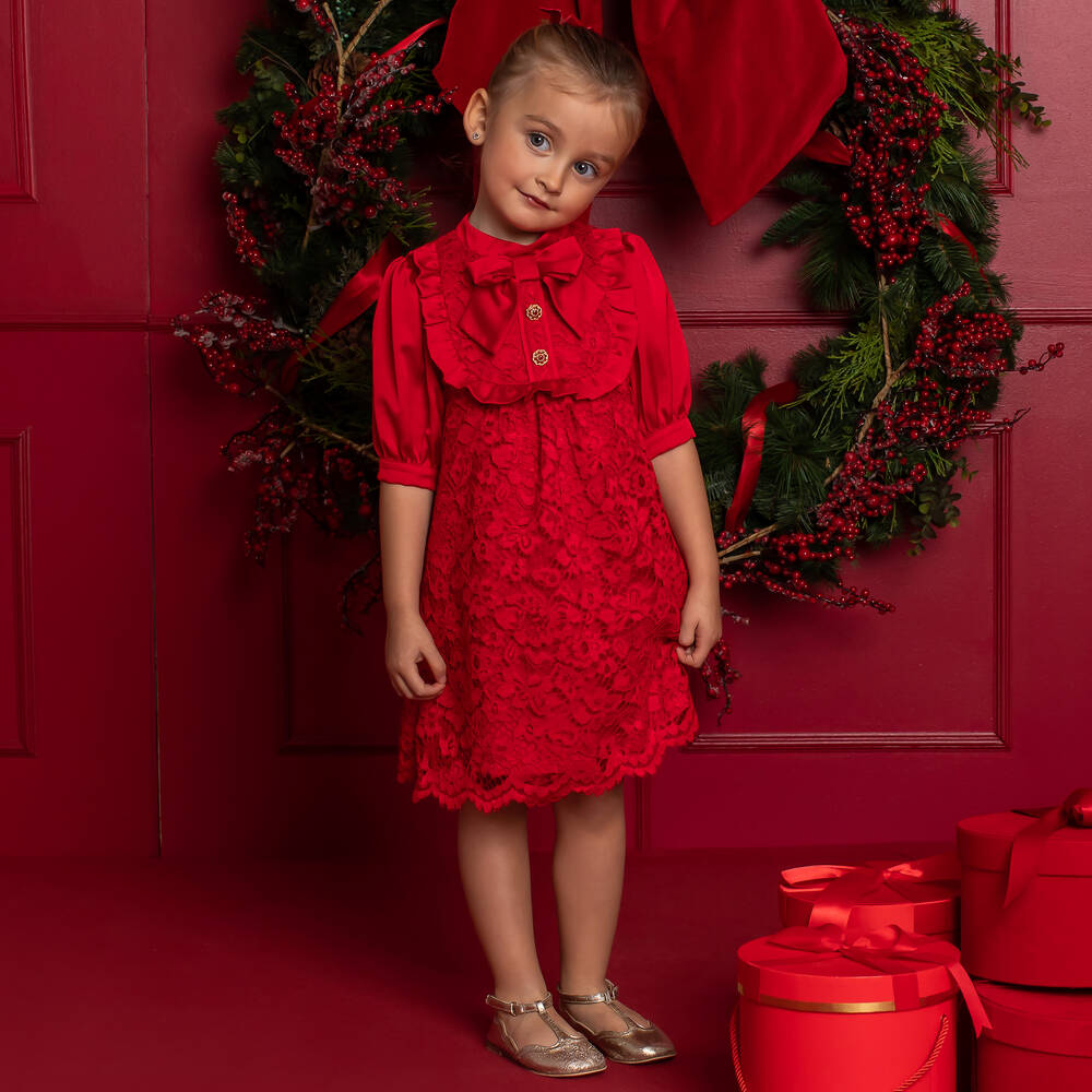 Patachou Girls Red Satin & Lace Dress