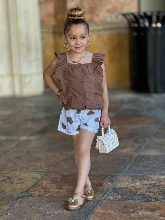 EMC Girls Ruffle Sleeve button-front Top and Patterned Short Set