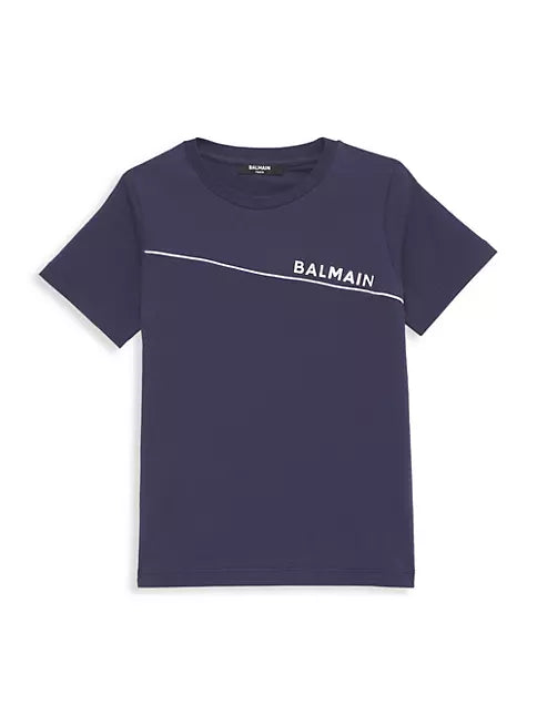 Balmain Kid's Diagonal Logo Cotton T-Shirt