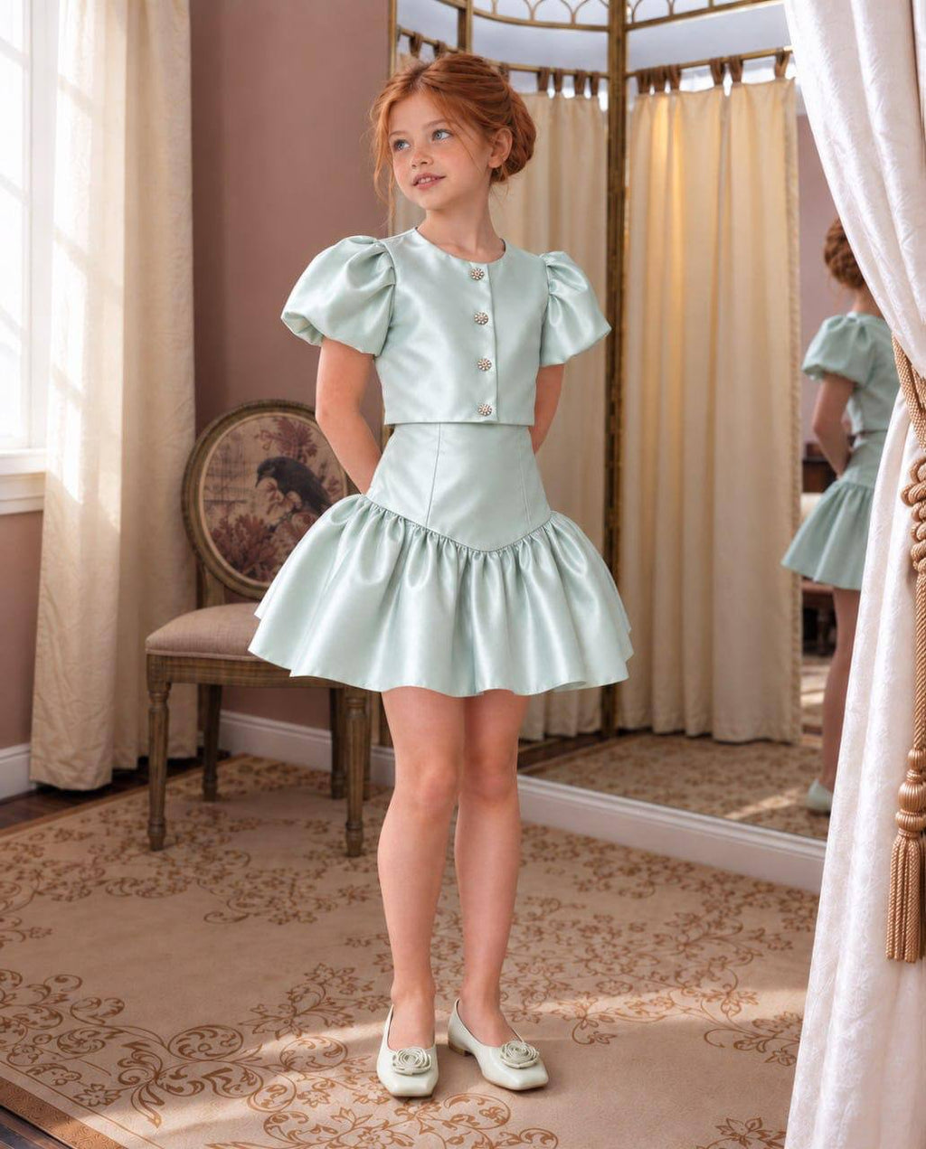 The Jacqueline Set - Elegant Mint Satin Dress with Crystal Buttons