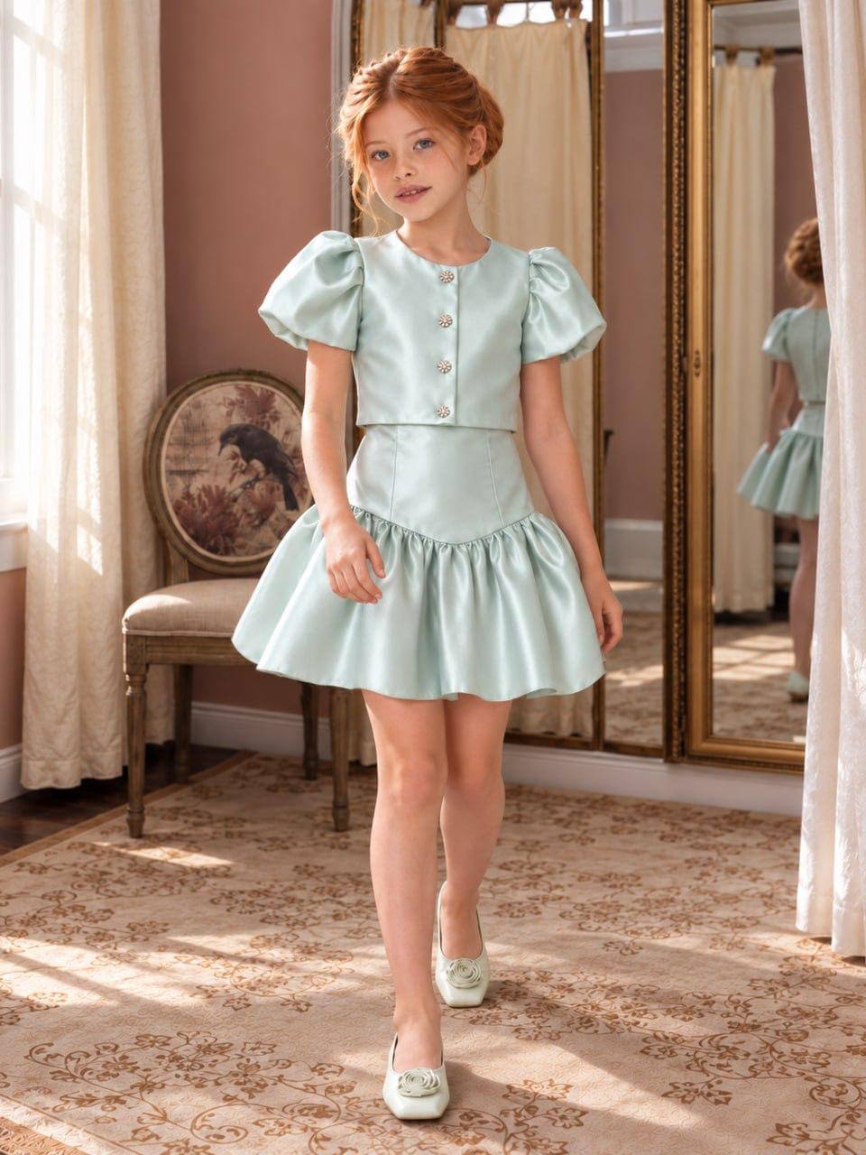 The Jacqueline Set - Elegant Mint Satin Dress with Crystal Buttons