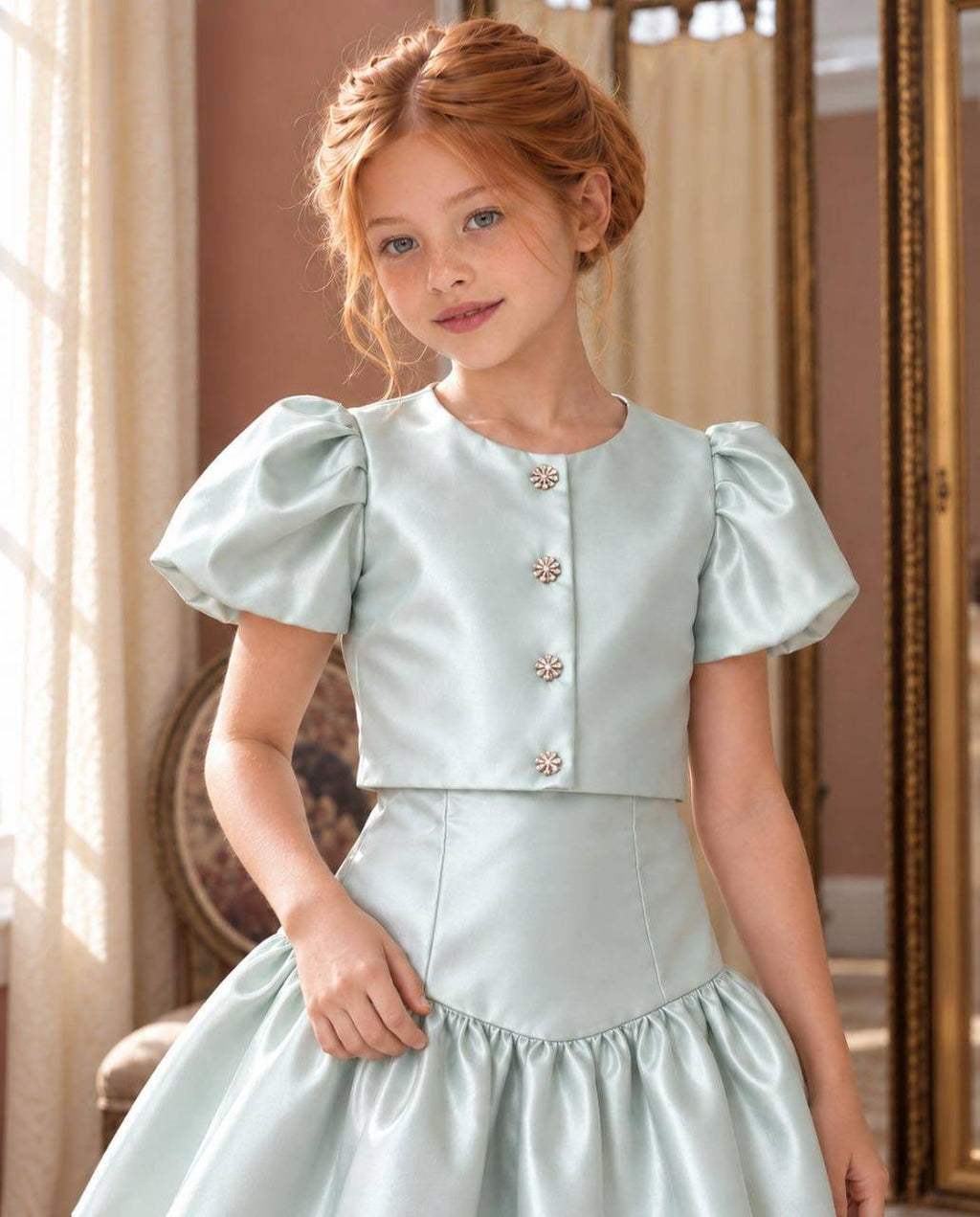 The Jacqueline Set - Elegant Mint Satin Dress with Crystal Buttons