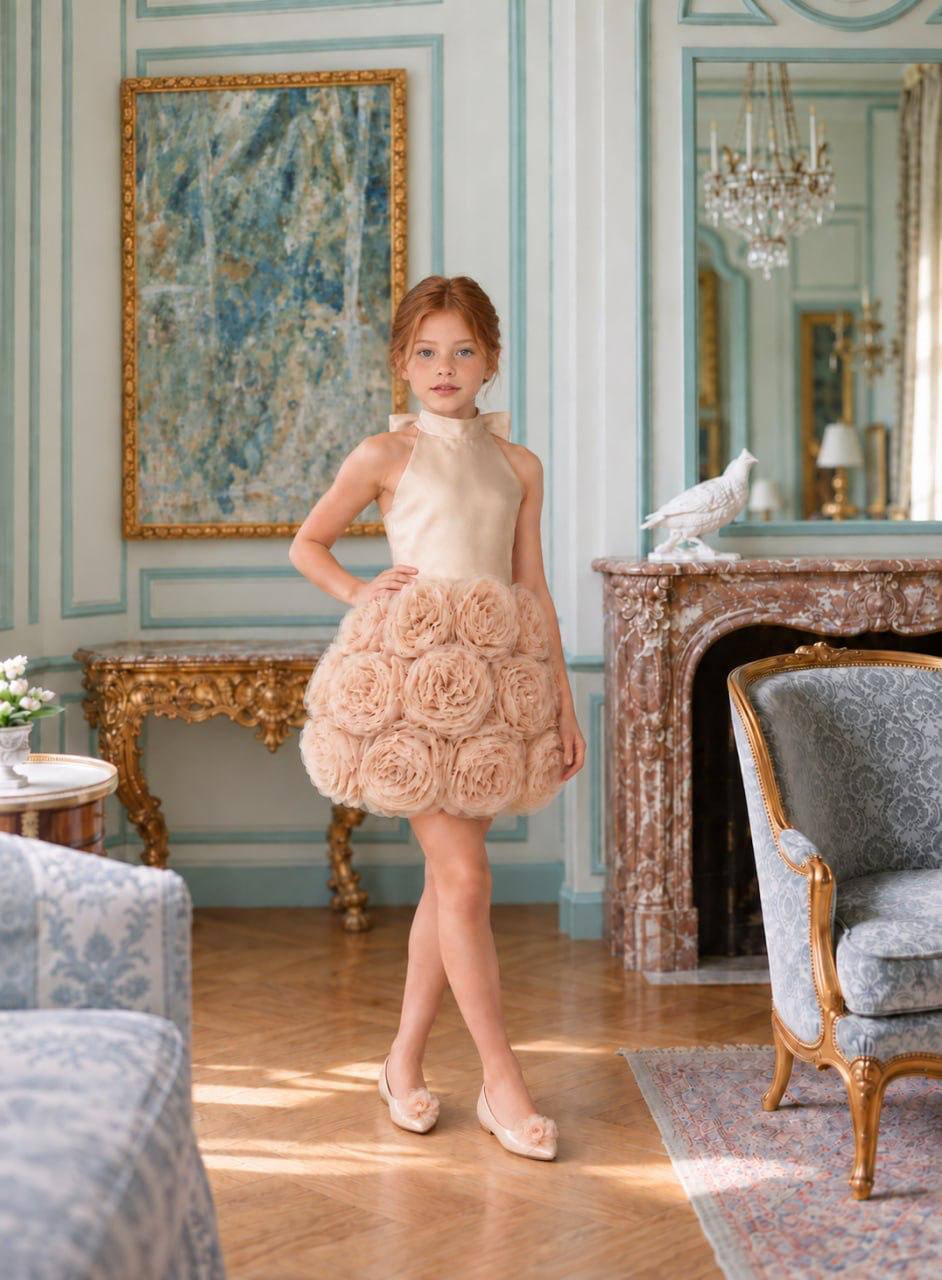 The Camille Gown - Girls Champagne Satin Dress with Rosette Skirt