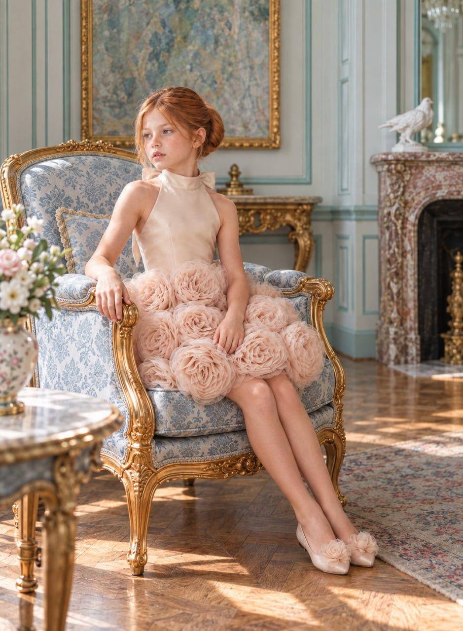 The Camille Gown - Girls Champagne Satin Dress with Rosette Skirt