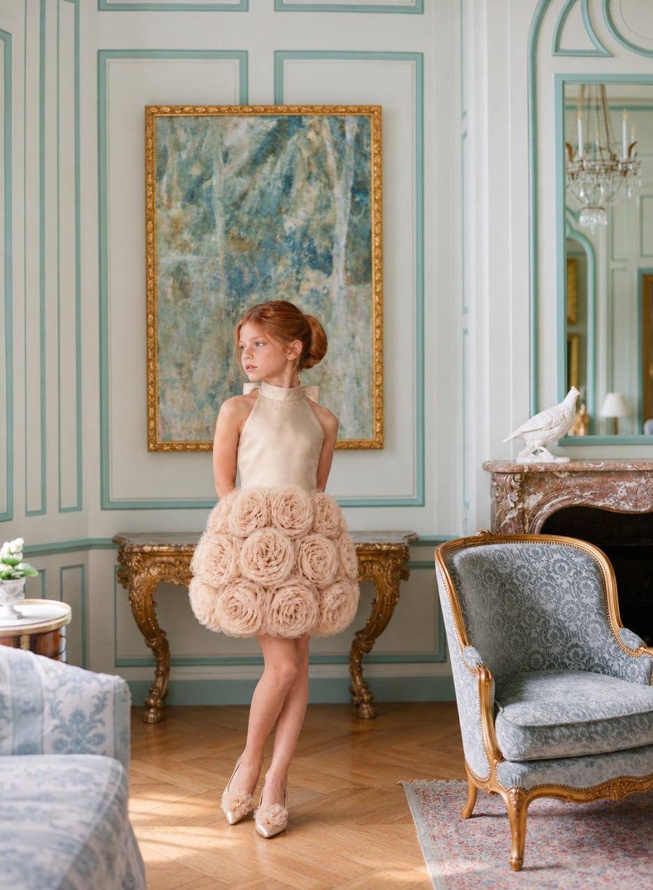 The Camille Gown - Girls Champagne Satin Dress with Rosette Skirt