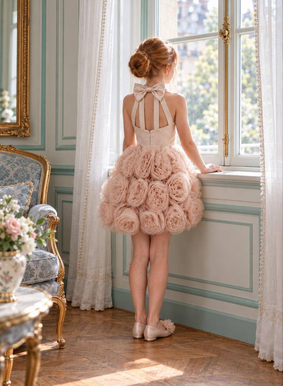 The Camille Gown - Girls Champagne Satin Dress with Rosette Skirt
