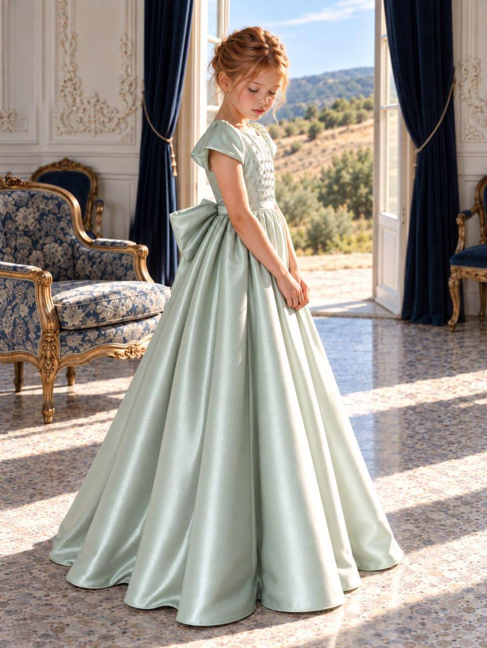 The Evangeline - Sage Satin Ballgown with Crystal Bodice