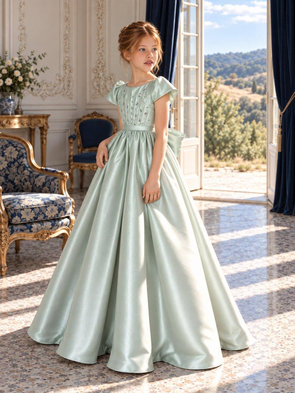 The Evangeline - Sage Satin Ballgown with Crystal Bodice