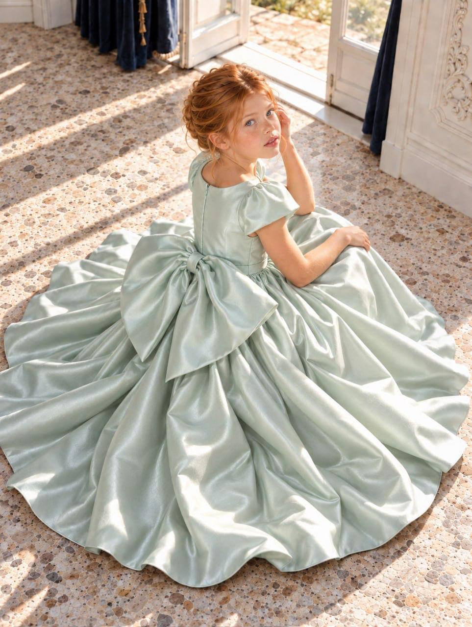 The Evangeline - Sage Satin Ballgown with Crystal Bodice