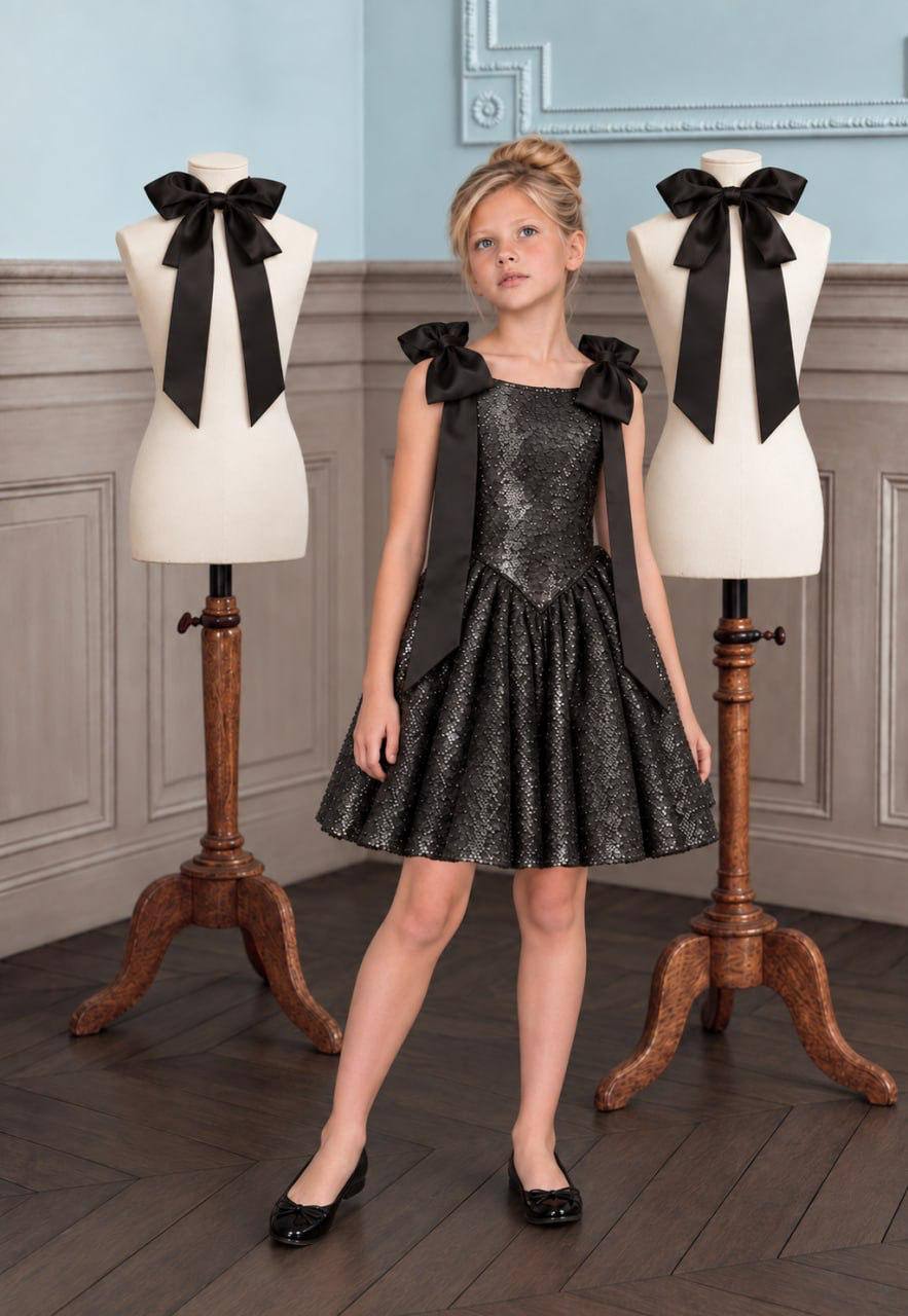 The Midnight Sparkles Gown - Glitter Drop-Waist Gown with Satin Bows