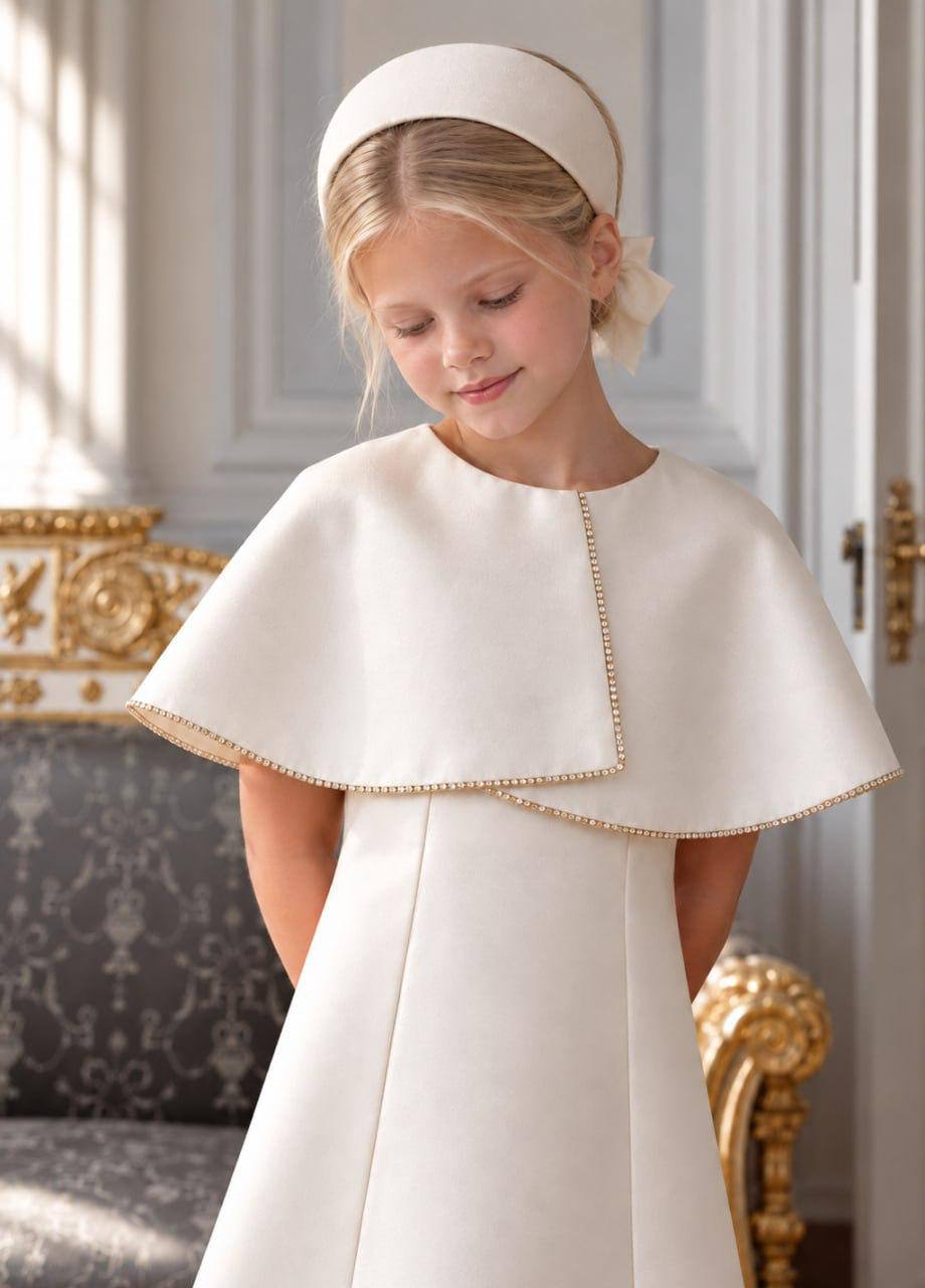 The Charlotte Ivory Satin A-Line Dress with Removable Capelet