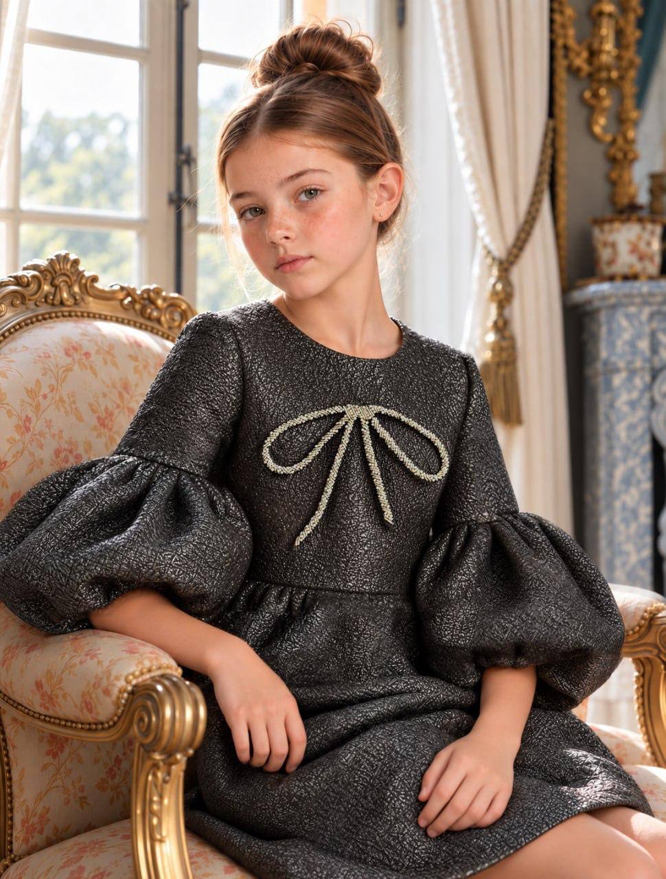 The Onyx Jacquard Gown - Elegant Textured Long Puff-Sleeve Dress