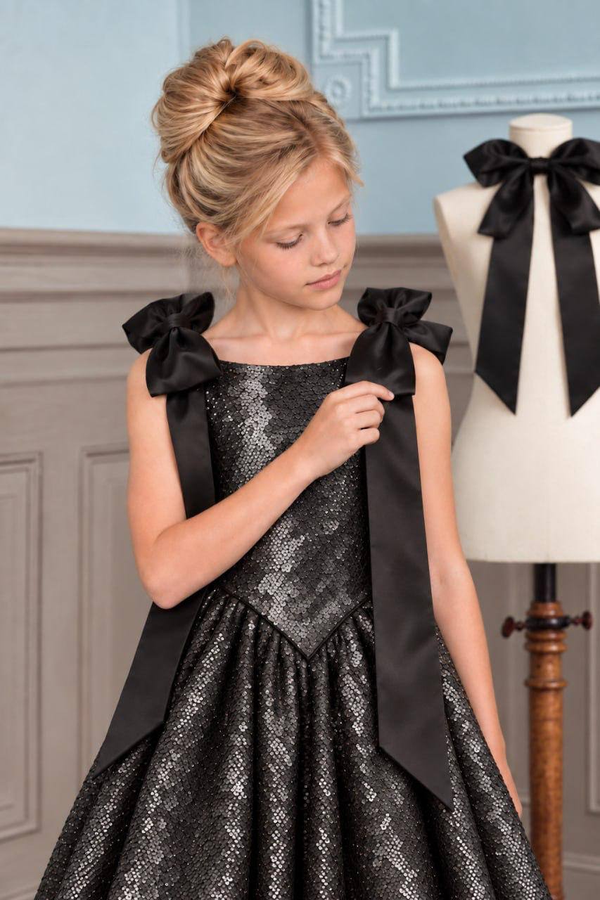 The Midnight Sparkles Gown - Glitter Drop-Waist Gown with Satin Bows