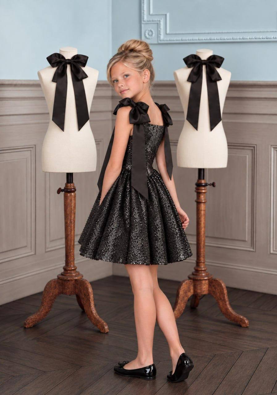 The Midnight Sparkles Gown - Glitter Drop-Waist Gown with Satin Bows