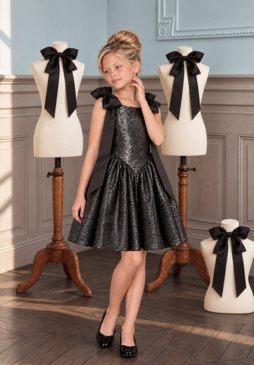 The Midnight Sparkles Gown - Glitter Drop-Waist Gown with Satin Bows