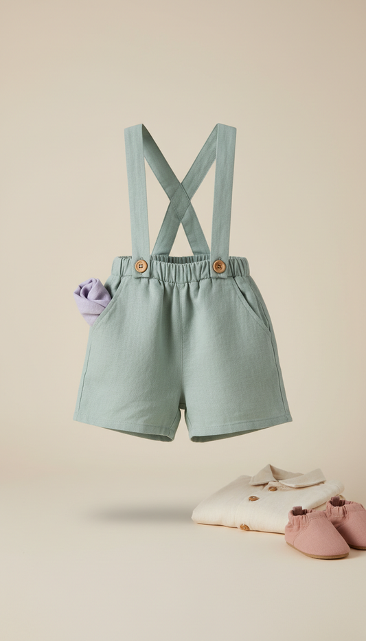 Sage Mist Linen Shorts with Wooden Suspenders