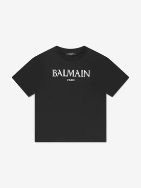 BALMAIN BOYS LOGO PRINT T-SHIRT IN BLACK