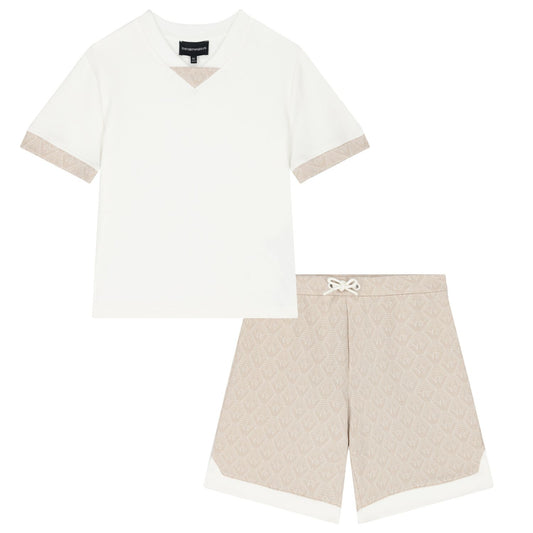 NEW!!  Emporio Armani Boys Ivory & Beige Logo Shorts Set