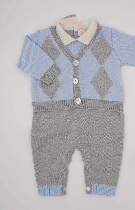 Baby outfit set with blue and gray argyle pattern on a light gray background