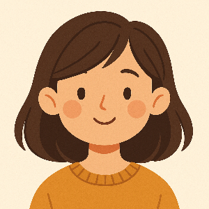 Illustration of a person with brown hair and a yellow sweater on a beige background