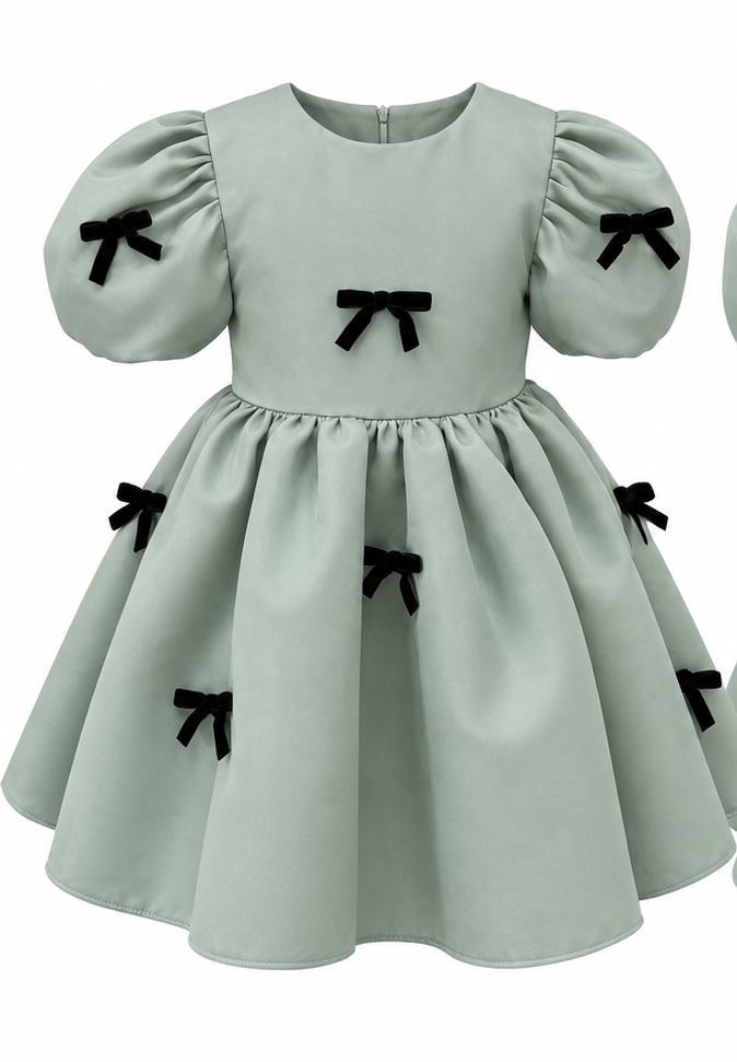 Sage Green Satin Puff-Sleeve Dress with Black Bows